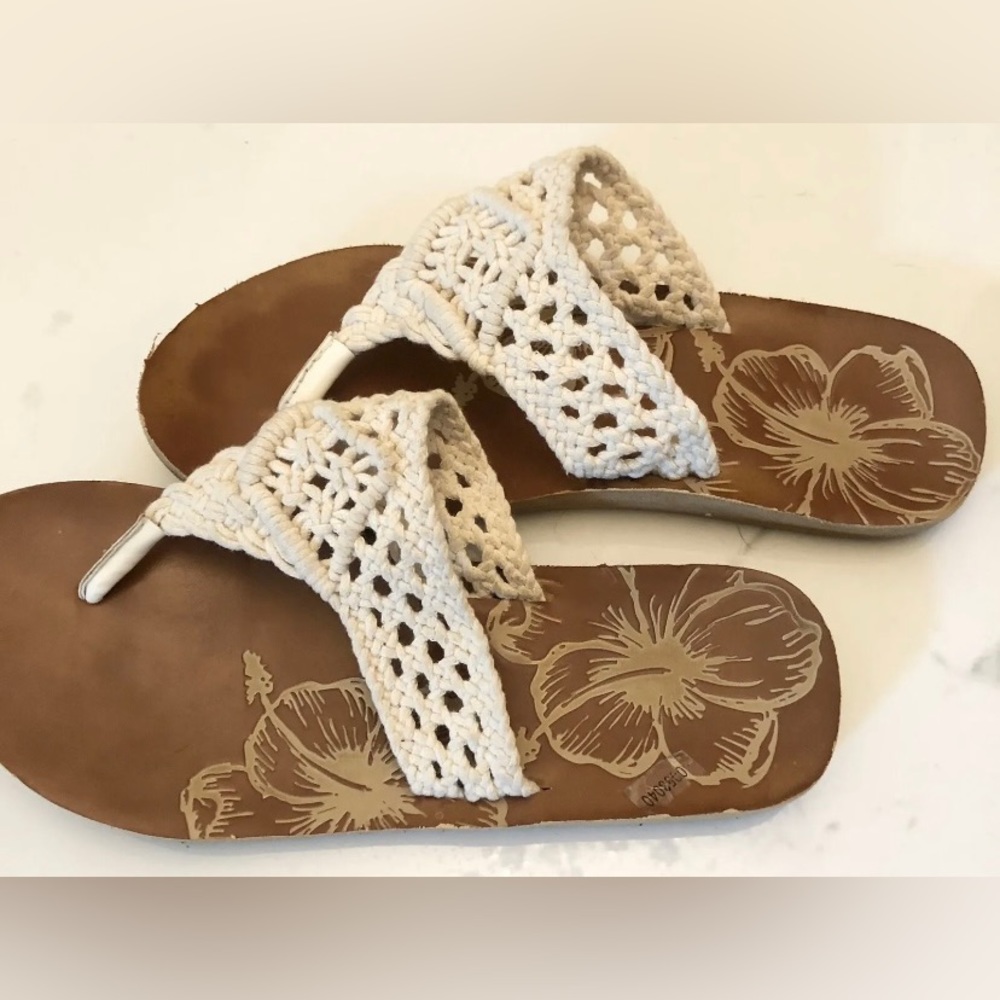 Women’s Macramé Bohemian Slip-on Tropical Flat Sandals size 7 color Brown/Cream